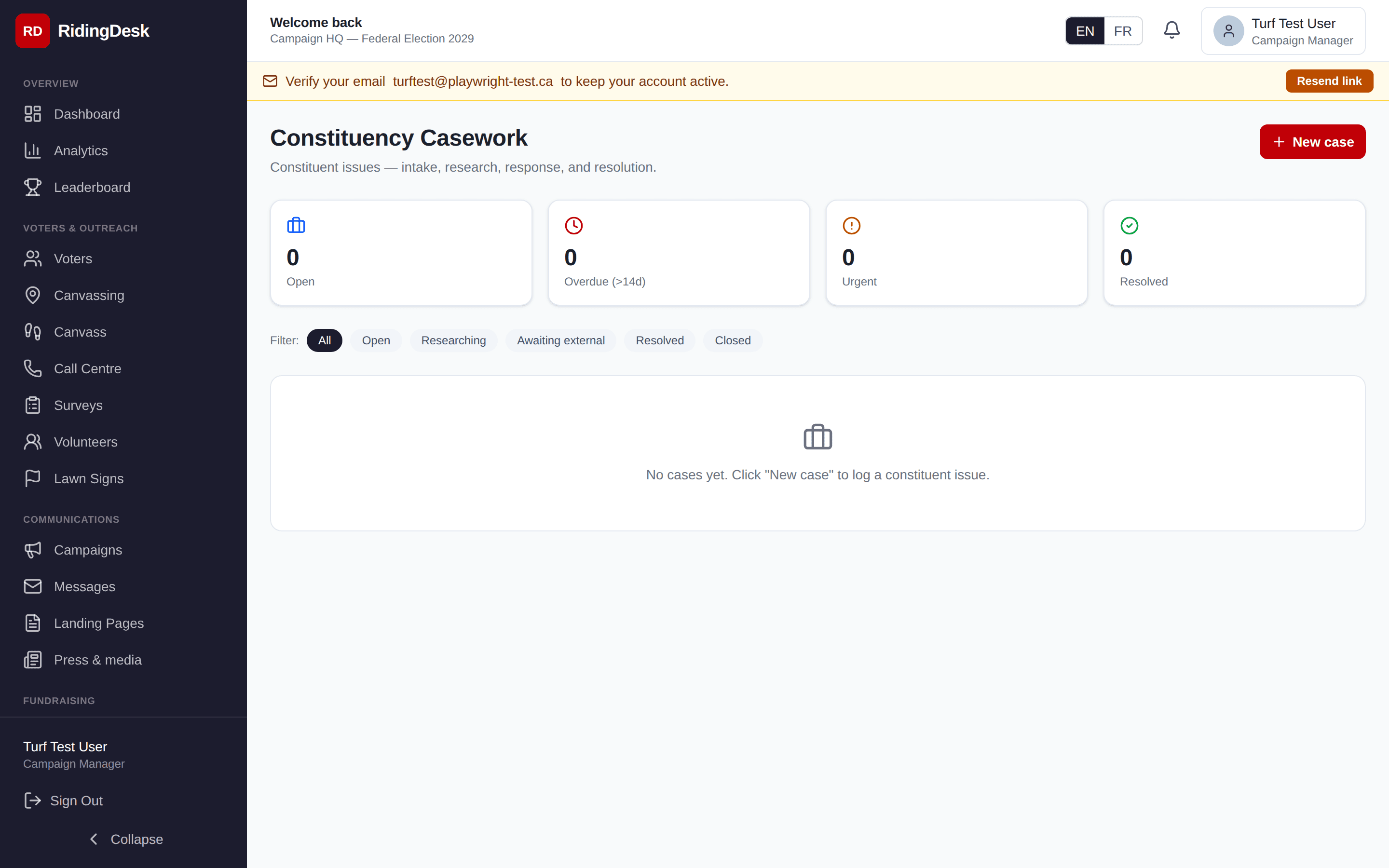 Casework module with case list and statuses