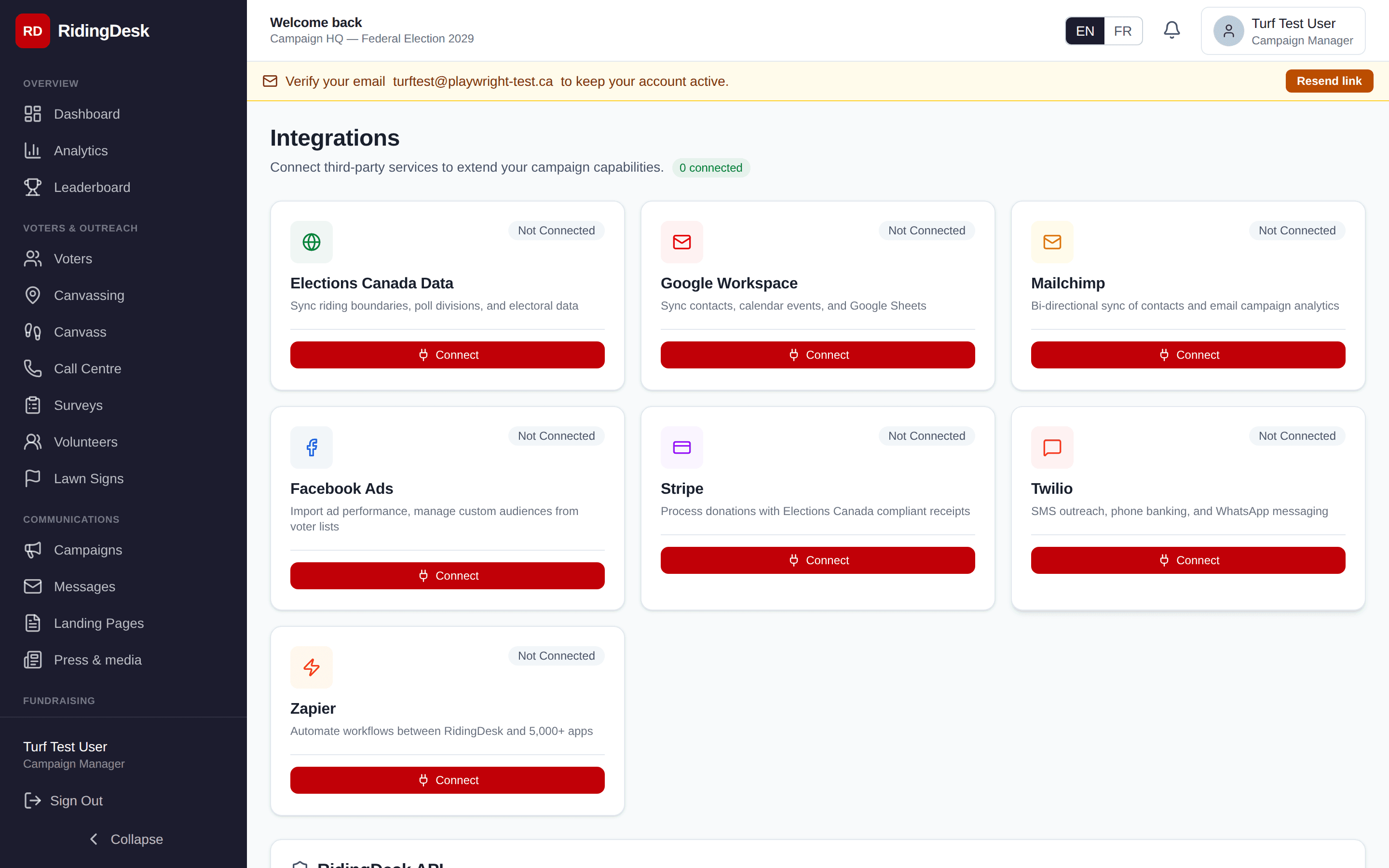 Integrations settings showing API key management and webhook configuration