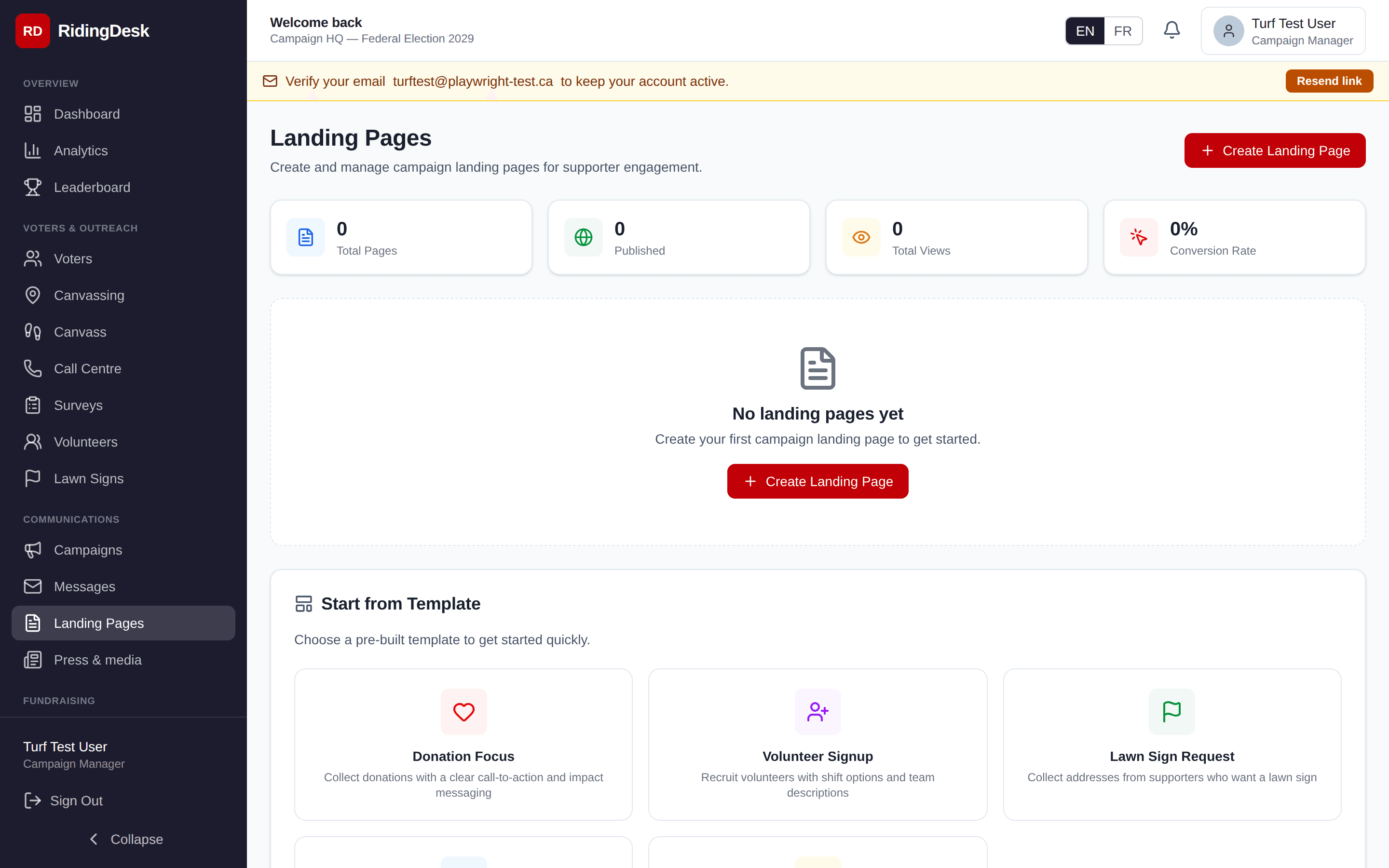 Landing page builder with template selection