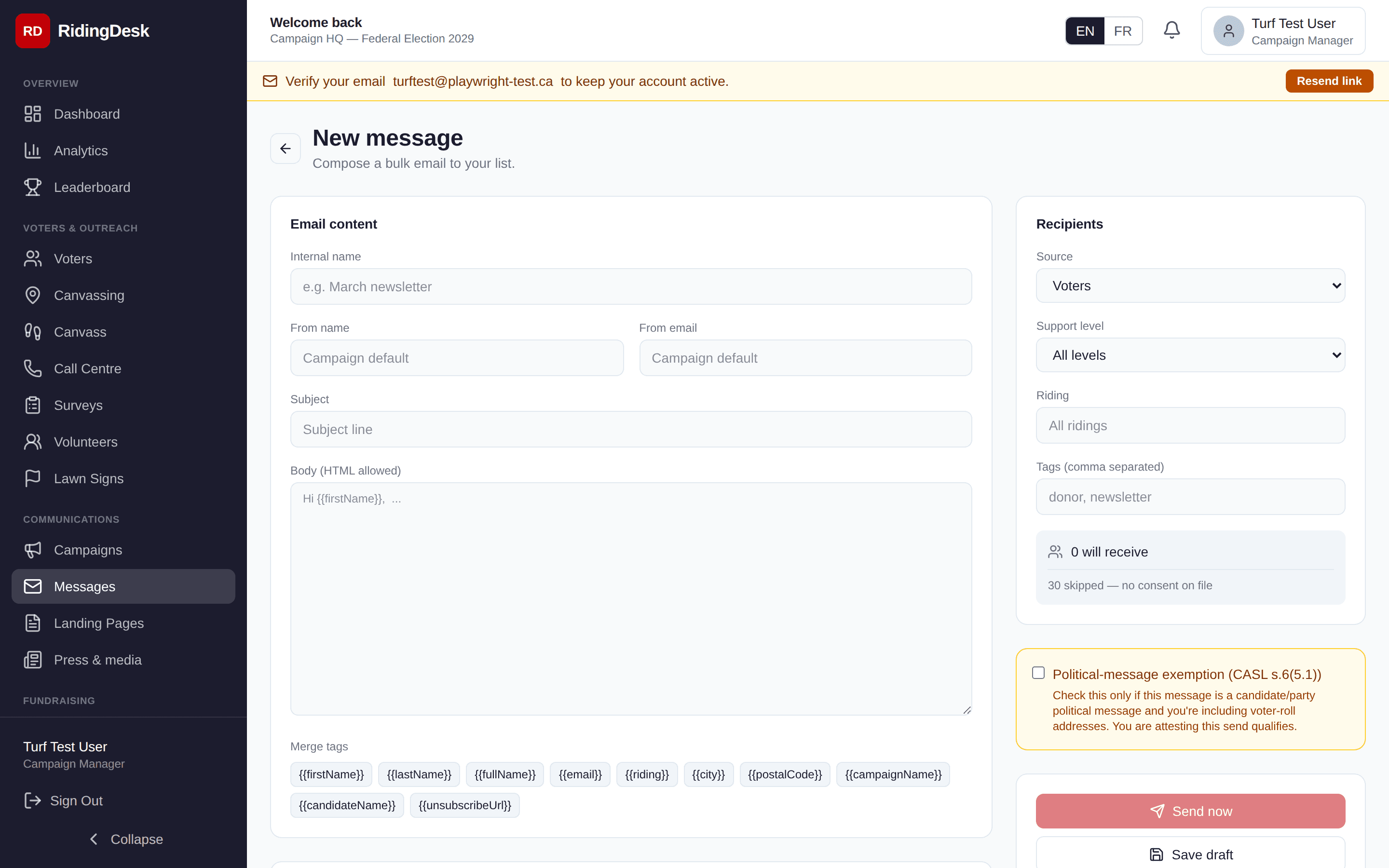 New message composition screen with subject, body, and audience controls