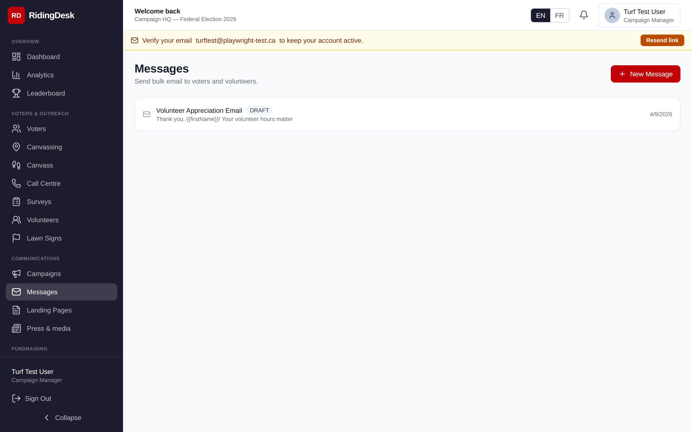 Messages list view showing previously sent and draft campaign emails