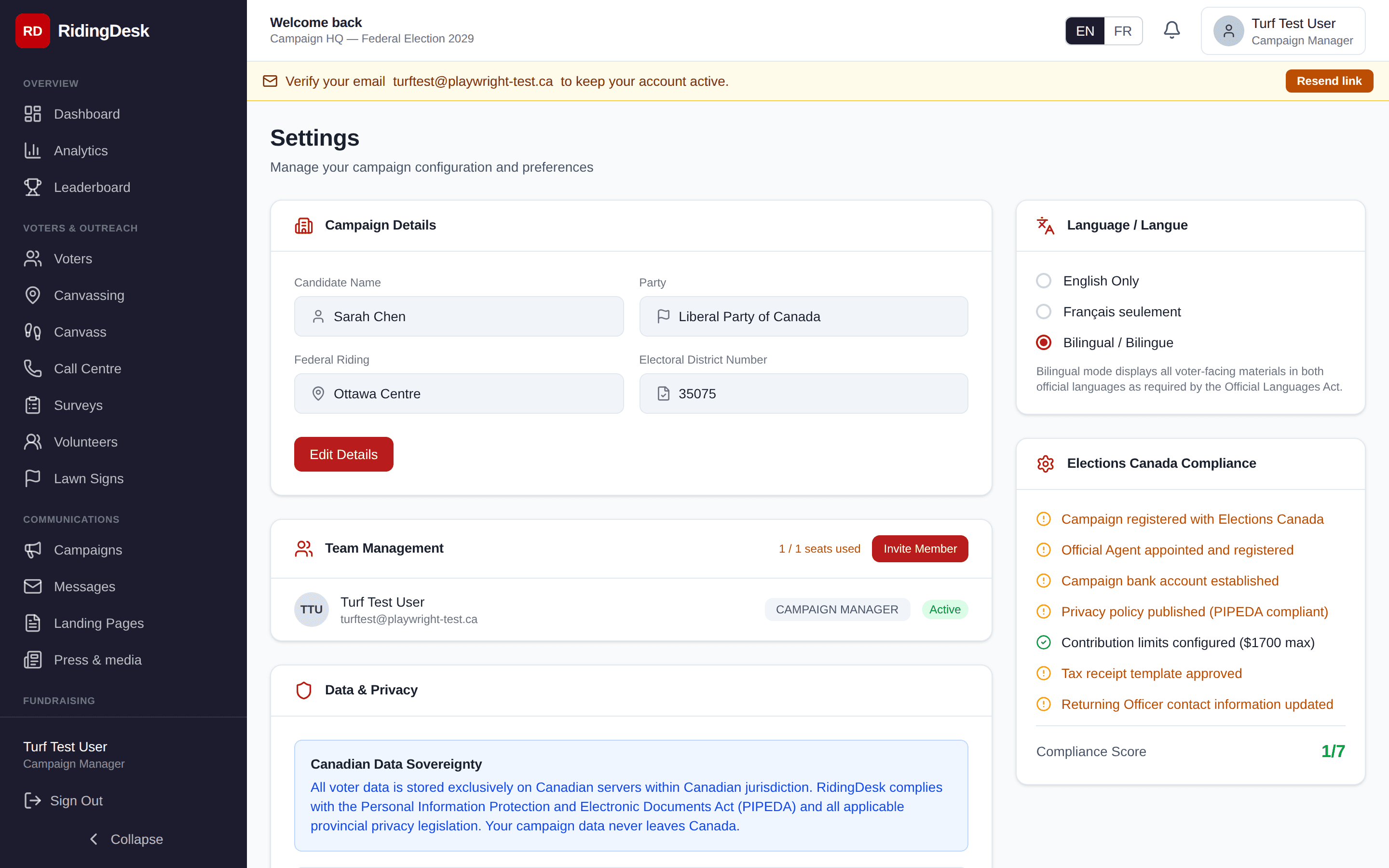 Settings page showing campaign config and team management