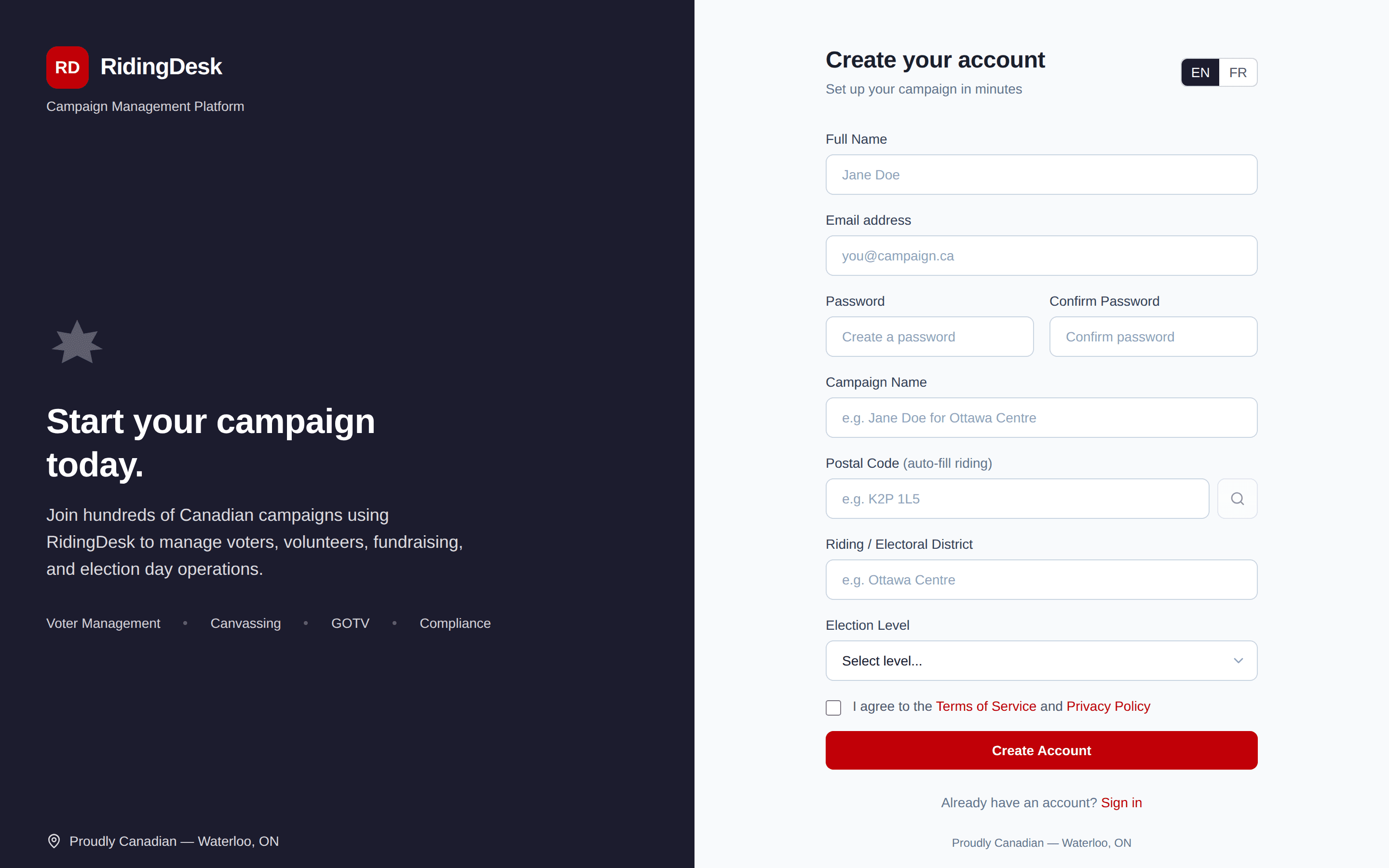 RidingDesk sign-up screen