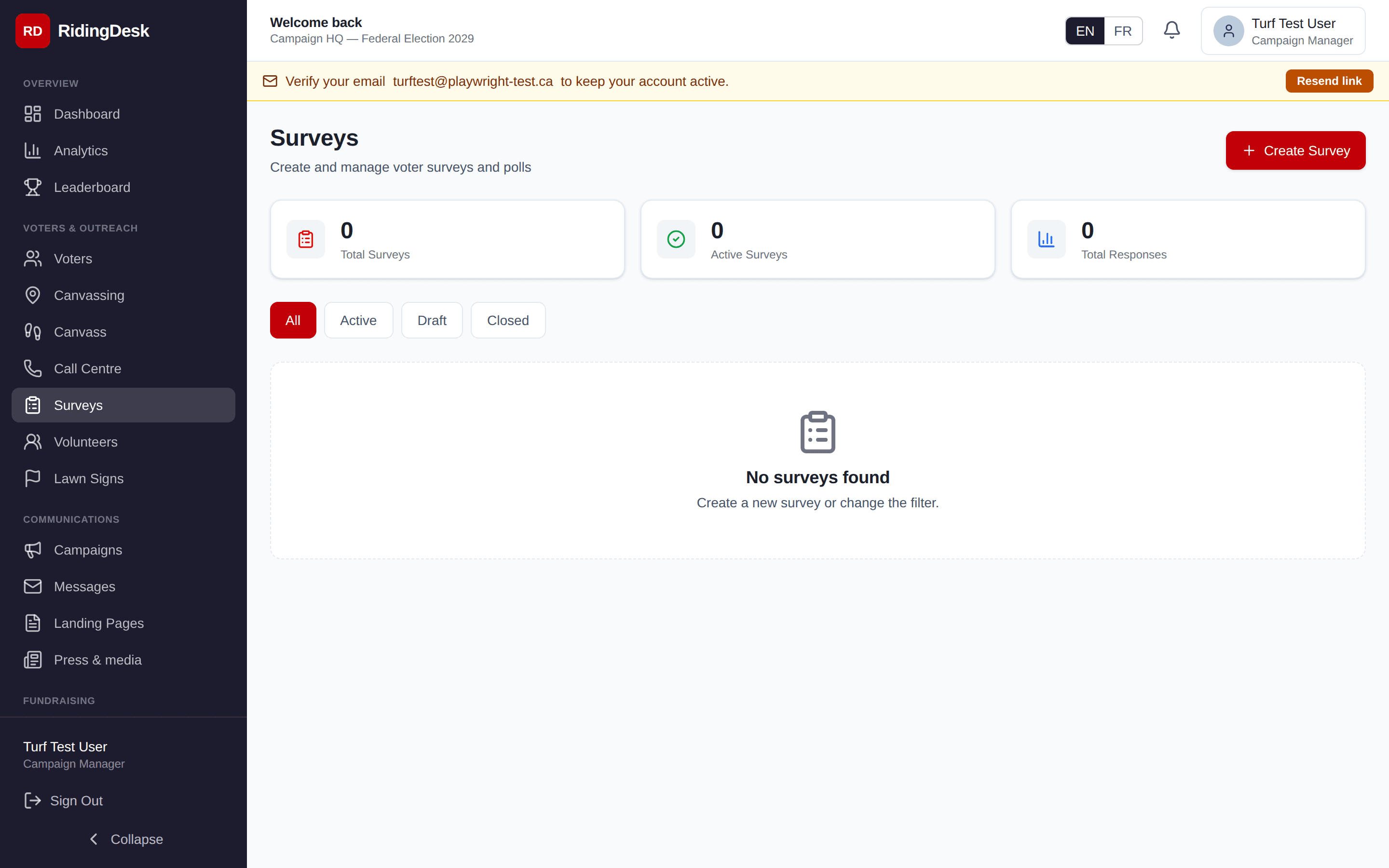 Surveys list view with response counts