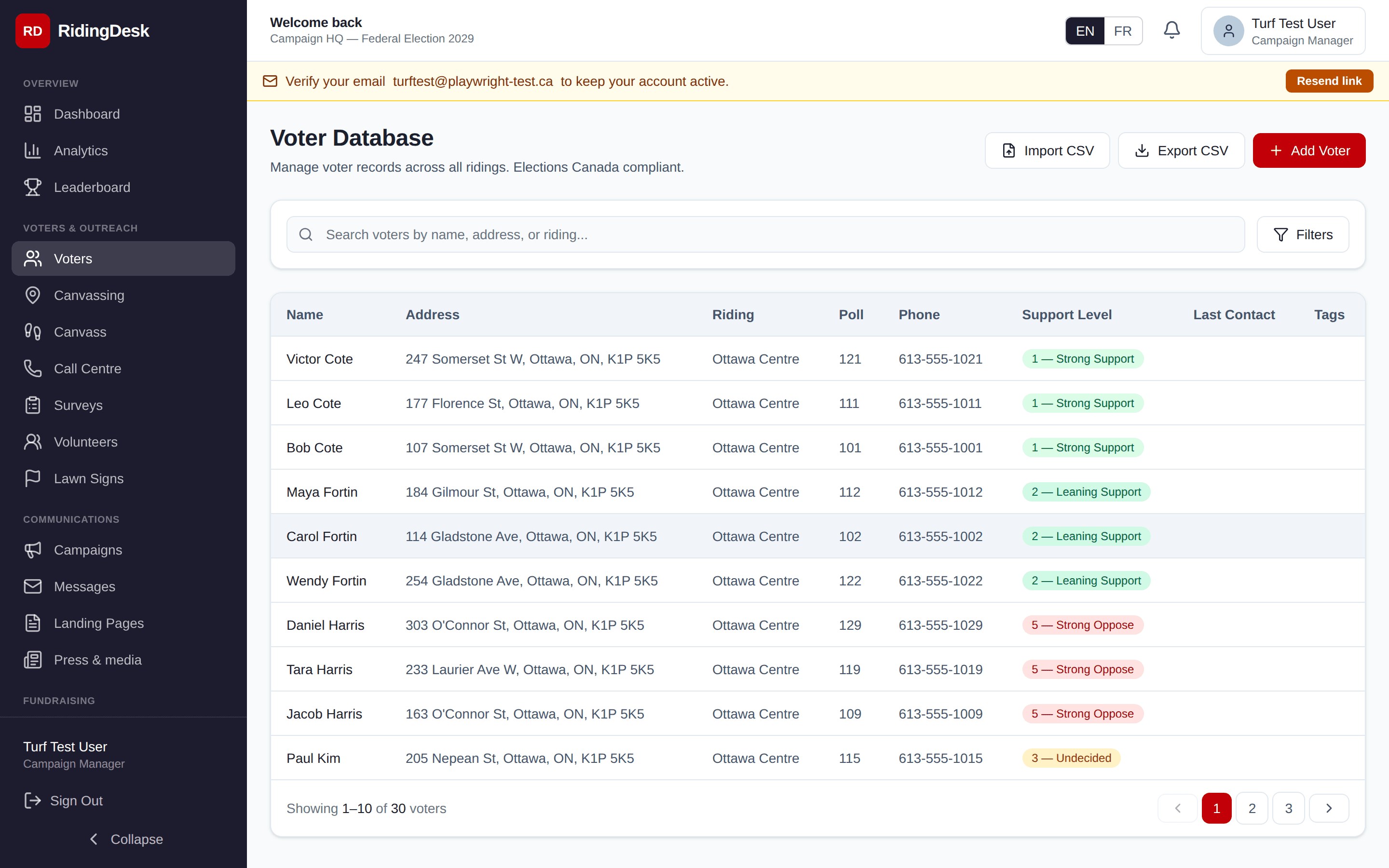 Voter database list view with search and filter controls
